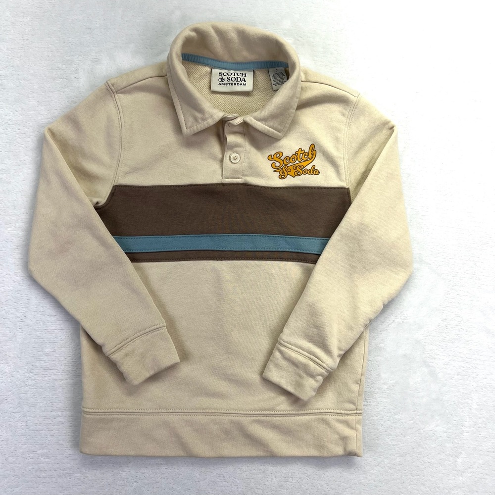 Scotch & Soda Polo‎ Sweatshirt Kids 7 Cream Brown Retro Striped Long Sleeve Logo